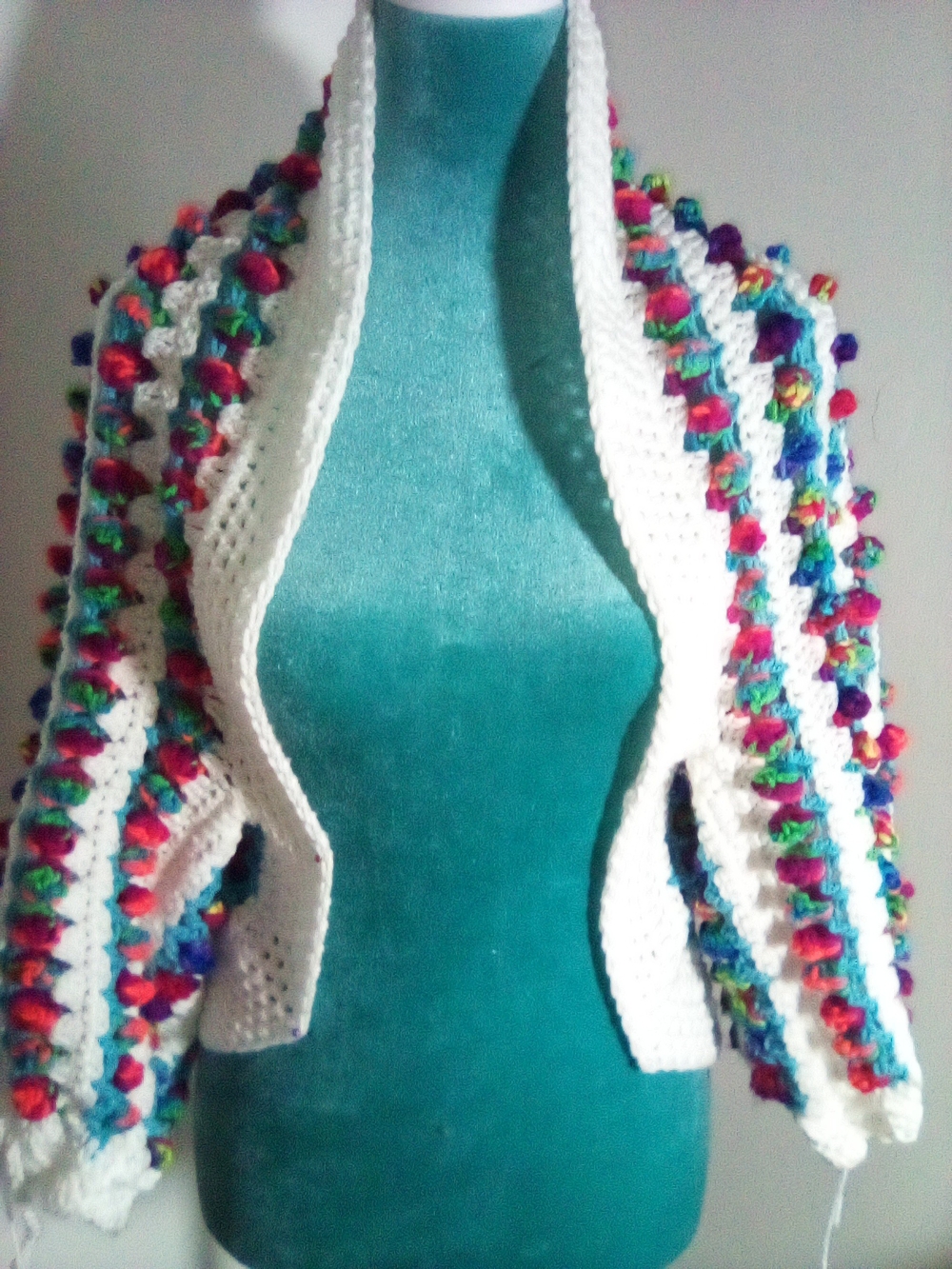 Handmade White Crochet Cardigan with Multicolor Pom Trim
